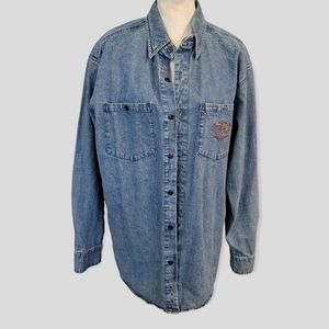Harley Davidson Flying Pig Embroidered Denim Jean Jacket Womens Button M
